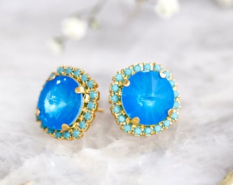 Electric Blue Stud Earrings, Neon Blue Austrian Crystal Earrings, Azure Blue Crystal Earrings, Electric Blue Jewelry, Bridesmaids Earrings