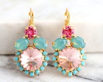 Pink Green Drop Earrings, Turquoise Pink Earrings, Blush Crystal Earrings, Gift for her,Bridal Earrings, Bridesmaids Blush Crystal Earrings