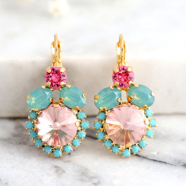 Pink Green Drop Earrings, Turquoise Pink Earrings, Blush Crystal Earrings, Gift for her,Bridal Earrings, Bridesmaids Blush Crystal Earrings