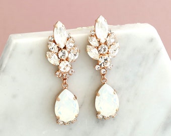 White Opal Bridal LONG Earrings, Bridal Opal Crystal Earrings, Bridal Opal Rose Gold Chandelier Earrings, Bridal Opal Crystal Earrings