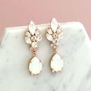 White Opal Bridal LONG Earrings, Bridal Opal Crystal Earrings, Bridal Opal Rose Gold Chandelier Earrings, Bridal Opal Crystal Earrings