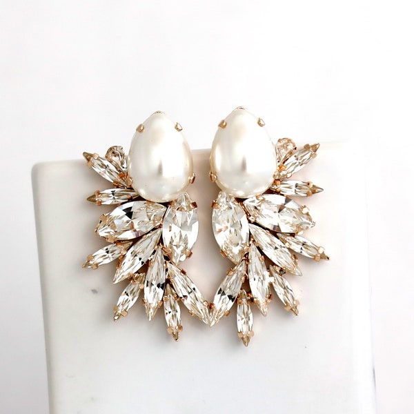 Statement Crystal Pearl Earrings, Bridal Pearl Crystal Earrings, Oversize White Pearl Earrings, Statement Bridal Crystal Earrings