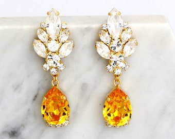 Yellow Chandelier Earrings, Yellow Topaz Drop Earrings, Yellow Bridal Drop Earrings, Bridal Chandelier Earrings, Yellow Crystal Earrings