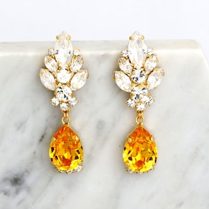 Yellow Chandelier Earrings, Yellow Topaz Drop Earrings, Yellow Bridal Drop Earrings, Bridal Chandelier Earrings, Yellow Crystal Earrings image 1