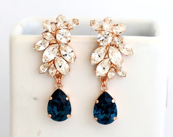 Blue Navy Earrings, Navy Blue Crystal Bridal Earrings, BRIDAL Drop Dark Blue Earrings, Blue Navy Chandelier Earrings, Blue Navy Jewelry