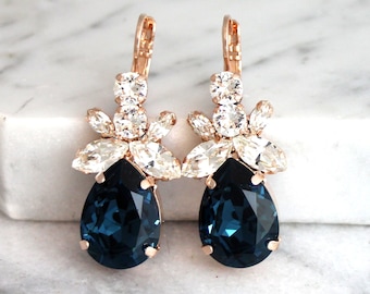 Blue Navy Bridal Earrings, Dark Blue Crystal Earrings, Bridal Dark Blue Earrings, Midnight Blue Dangle Earrings, Navy Blue Drop Earrings