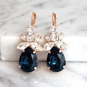 Blue Navy Bridal Earrings, Dark Blue Crystal Earrings, Bridal Dark Blue Earrings, Midnight Blue Dangle Earrings, Navy Blue Drop Earrings