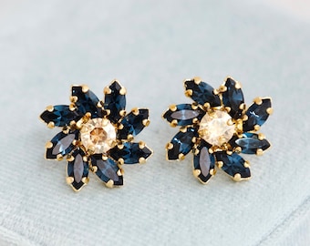 Blue Navy Stud Earrings, Blue Sapphire Crystal Bridal Stud Earrings, Dark Blue Gold Earrings, Gift For Woman, Bridemaids Blue Earrings