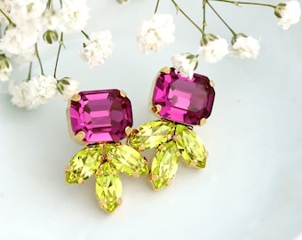 Pink Green Earrings, Bridal Fuchis Pink Stud Earrings, Green Pink Stud Earrings, Bridesmaids Pink Earrings, Pink Fuchsia Crystal Earrings