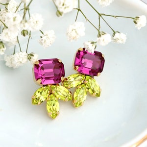 Pink Green Earrings, Bridal Fuchis Pink Stud Earrings, Green Pink Stud Earrings, Bridesmaids Pink Earrings, Pink Fuchsia Crystal Earrings