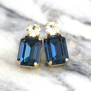 Blue Navy Earrings, Bridal Blue Crystal Emerald Cut Earrings, Bridesmaids Earrings, Dark Blue Stud Earrings, Navy Blue Bridal Stud Earrings