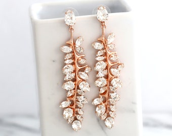 BRIDAL Chandelier Long Earrings, Bridal Long Crystal Earrings, Bridal Leaf Earrings, Statement Chandelier Earrings, Crystal Dangle Earrings