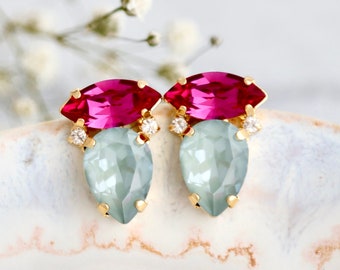 Fuchsia Pink Green Earrings, Fuchsia Pink Green Austrian Crystal Stud Earrings, Hot Pink Earrings, Sage Green Pink Earrings, Handmade Gift