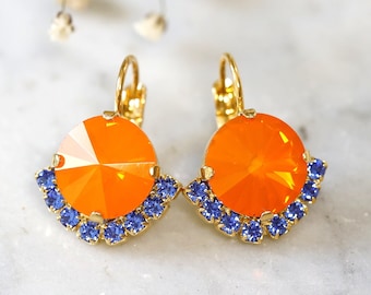 Orange Earrings, Orange Drop Earrings, Blue Orange Earrings, Coral Blue Earrings, Tangerine Orange Drop Earrings, Bridesmaids Earrings