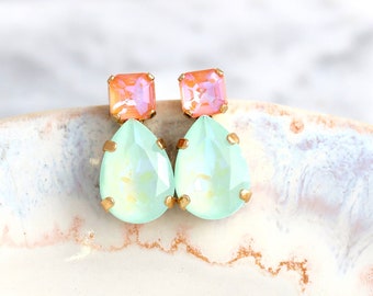 Coral Mint Earrings, Orange Green Stud Earrings, Mint Green Earrings, Bridal Green Mint Coral Crystal Stud Earrings, Bridesmaids Earrings