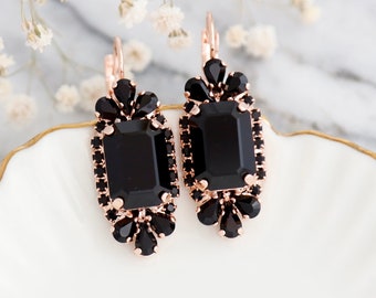 Black Gold Crystal Earrings, Black Gold Rhinestone Earrings, Bridal Black Drop Earrings, Black Gold Earrings, Bridesmaids Black Earrings