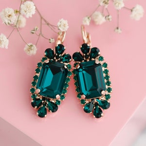 Emerald Drop Earrings, Emerald Green Bridal Earrings, Dark Green Drop Crystal Earrings, Gift For Her, Gift For Her, Emerald Green Jewelry