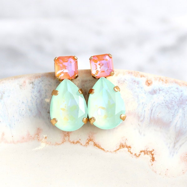 Coral Mint Earrings, Orange Green Stud Earrings, Mint Green Earrings, Bridal Green Mint Coral Crystal Stud Earrings, Bridesmaids Earrings