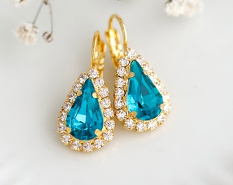 Blue Teal Drop Earrings, Bridal Teal Blue Earrings, Teal Blue Crystal Lever Back Earrings, Bridesmaids Earrings, Crystal Cobalt Earrings