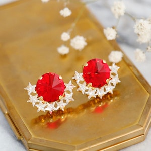 Red Stud Earrings, Red Ruby Crystal Stud Earrings, Christmas Gift For Her, Christams Jewelry, Scarlet Red Austrain Crystal Star Studs