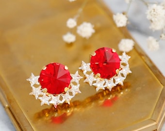 Red Stud Earrings, Red Ruby Crystal Stud Earrings, Christmas Gift For Her, Christams Jewelry, Scarlet Red Austrain Crystal Star Studs