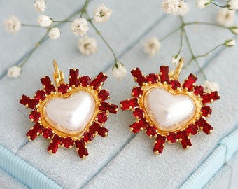 Heart Drop Crystal Earrings, Pearl Heart Red Ruby Crystal Drop Earrings, White Pearl Lever back Crystal Earrings, Heart Drop Earrings.