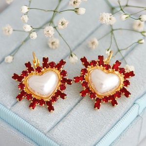 Heart Drop Crystal Earrings, Pearl Heart Red Ruby Crystal Drop Earrings, White Pearl Lever back Crystal Earrings, Heart Drop Earrings.