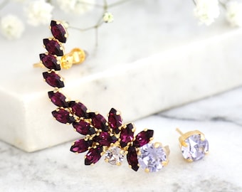 Ear cuff earrings, Bridal Purple Climber Crystal Earrings, Purple Ear Climber Earrings, Rock-enroll Bridal, Plum Crawler Gothic Earrings