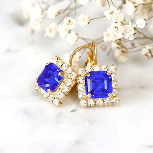 Royal Blue Crystal Drop Earrings, Sapphire Blue Crystal Bridal Lever Back Earrings, Bridesmaids Earrings, Royal Blue Drop Crystal Earrings