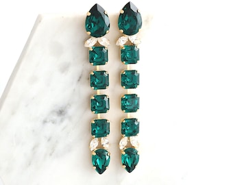 Emerald Long Earring, Emerald Crystal Long Earrings, Dark Green Chandelier Bridal Earrings, Statement Emerald Green Drop Earrings