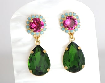 Green Pink Earrings, Green Peridot Pink Drop Earrings, Pink Green Chandelier Earrings, Green Pink Crystal Earrings, Pink Green Jewelry