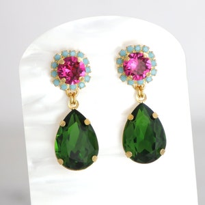 Green Pink Earrings, Green Peridot Pink Drop Earrings, Pink Green Chandelier Earrings, Green Pink Crystal Earrings, Pink Green Jewelry