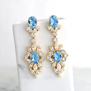 Aquamarine Chandelier Earrings, Bridal Long Aquamarine Crystal Earrings, Light Blue Chandelier Earrings, Bridal Statement Crystal Earrings