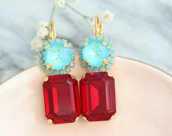 Red Ruby Drop Earrings, Red Green Earrings, Red Turquoise Earrings, Red Blue Statement Earrings, Gift For Woman, Red Crystal Earrings