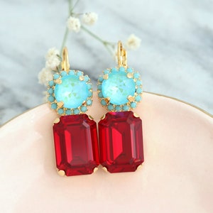 Red Ruby Drop Earrings, Red Green Earrings, Red Turquoise Earrings, Red Blue Statement Earrings, Gift For Woman, Red Crystal Earrings