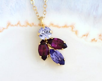 Purple Bridal Necklace, Bridesmaids Purple Necklaces, Purple  Necklace, Bridal Violet Necklace, Purple Crystal Cluster Gold Necklace