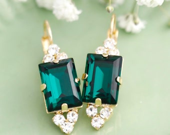 Emerald Green Earrings, Dark Green Crystal Drop Bridal Earrings, Emerald Green Formal Evening Earrings, Bridesmaids Earrings, Gift For Her