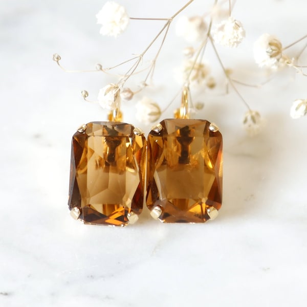 Brown Drop Earrings, Smokey Topaz Austrian Crystal Drop Earrings, Bridal Brown Crystal Earrings, Brown Lever Back Crystal Earrings