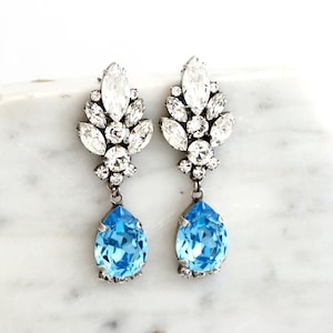 Aquamarine Silver Earrings, Bridal Aquamarine Drop Long Earrings, Light Blue Bridal Chandelier Earrings, Bridal Silver Aquamarine Earrings
