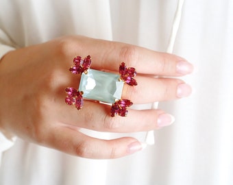 Green Cocktail Ring, Hot Pink Green Crystal Cocktail Ring, Turquoise Pink Statement Crystal Ring, Adjustable Oversize Crystal Ring
