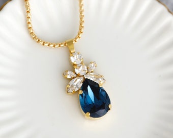 Blue Navy Crystal Necklace, Bridal  Navy Blue Crystal Necklace, Sapphire Blue Crystal Necklace, Bridal Blue Necklace, Crystal Blue Necklace