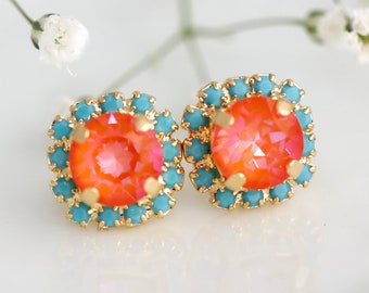 Orange Crystal Stud Earrings, Orange Gold Stud Earrings, Blue Orange earrings, Bridesmaids jewelry, Burnt Orange Crystal Earrings