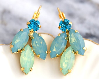 Green Blue Earrings, Green Opal Crystal Earrings, Green Sage Blue Teal Drop Earrings, Bridal Sage Crystal Earrings, Handmade Gift