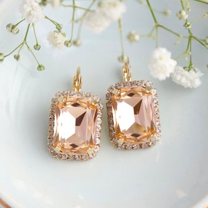 Light Peach Earrings, Bridal Peach Drop Earrings, Light Peach Crystal Earrings, Octagon Crystal Peach Earrings, Bridal Earrings