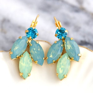 Green Blue Earrings, Green Opal Crystal Earrings, Green Sage Blue Teal Drop Earrings, Bridal Sage Crystal Earrings, Handmade Gift