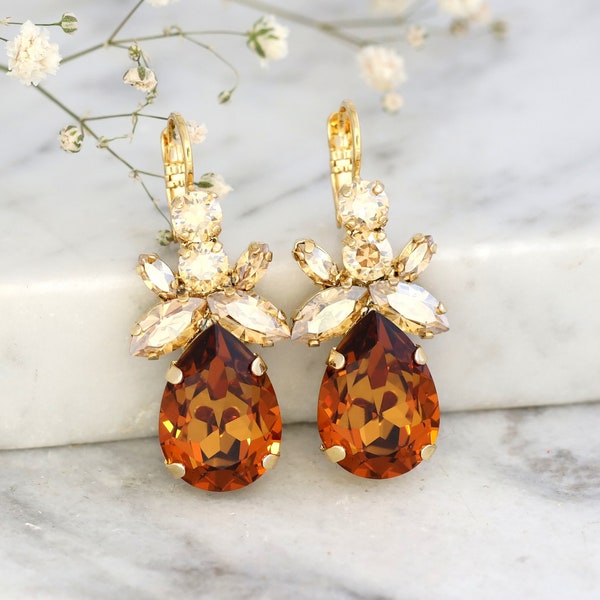 Amber Crystal Drop Earrings, Bridal Amber Crystal Drop Earrings, Autumn Wedding Jewelry, Bridal Honey Crystal Lever Back Crystal Earrings