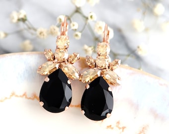 BLACK GOLD Earrings, Black Drop Crystal Earrings, Bridesmaids Earrings, Bridal Black Earrings, Black Dangle Crystal Black Gold Earrings