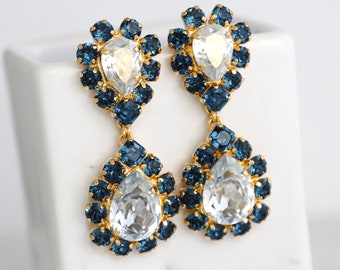Blue Navy Statement Earrings, Blue Navy Long Bridak Earrings, Dusty Blue Bridal Earrings, Bridal Crystal Blue Shade Crystal Earrings