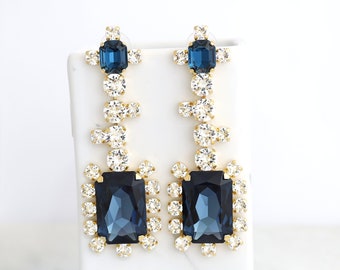 Blue Navy Chandelier Earrings, Bridal Blue Statement Drop Earrings, Oversize Blue Navy Chandeliers Earrings, Dark Blue Crystal Earrings