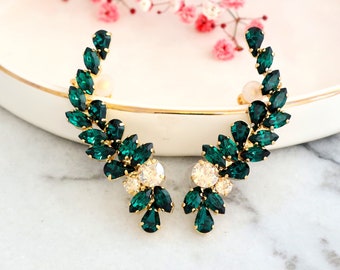 Emerald Ear Climbing Crystal Earring, Bridal Emerald Green Climbing Earrings, Emerald Earrings, Bridal Climbing Earring Statement Earrings